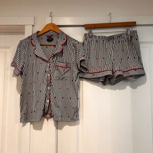 Kate Spade Strawberry Stripe Pajama Set Shorts Womens Medium Whimsical Lounge